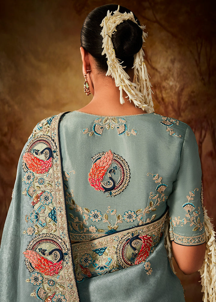 Columbia Blue Woven Banarasi Silk Saree with Sequin,Stone,Zardosi,Khatli & Pearl work - qivii