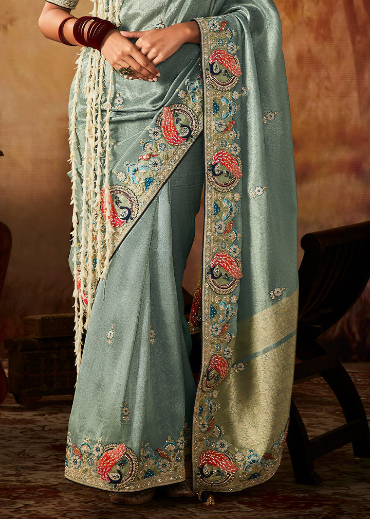 Columbia Blue Woven Banarasi Silk Saree with Sequin,Stone,Zardosi,Khatli & Pearl work - qivii