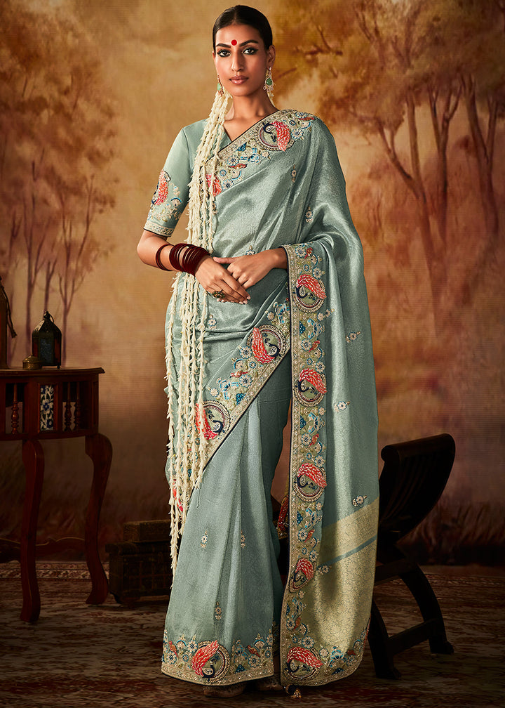 Columbia Blue Woven Banarasi Silk Saree with Sequin,Stone,Zardosi,Khatli & Pearl work - qivii