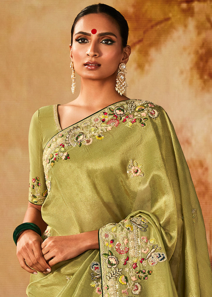 Light Avocado Green Woven Banarasi Silk Saree with Sequin,Stone,Zardosi,Khatli & Pearl work - qivii