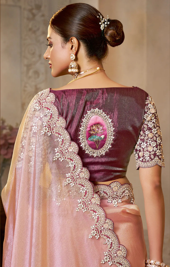 Dusty Pink Organza Silk Saree With Embroidery & Hand Work