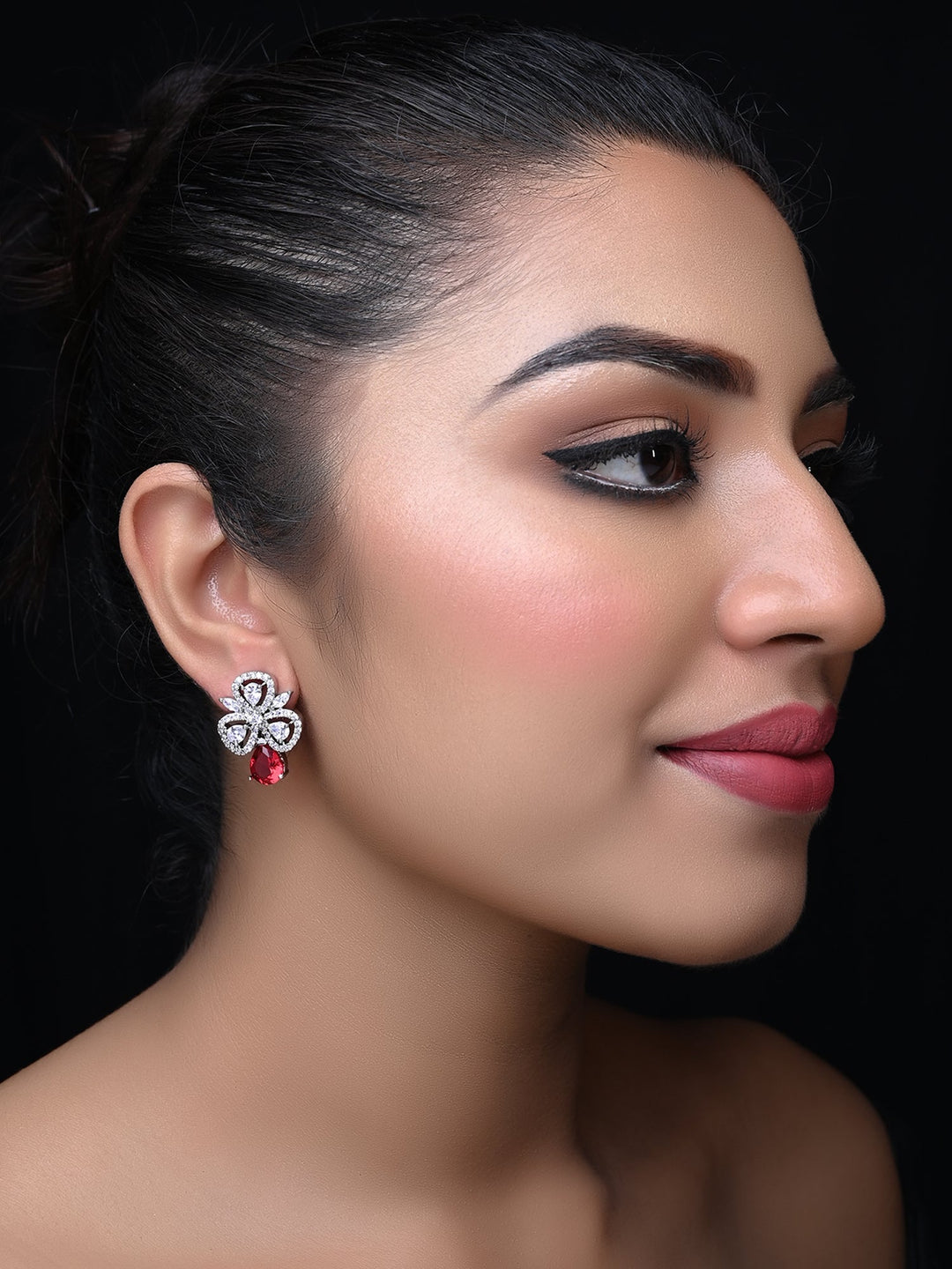 Ranjana American Diamond Rose Pink Tops with Semi Precious Rose Pink Stone and Silver Plated Brass Metal