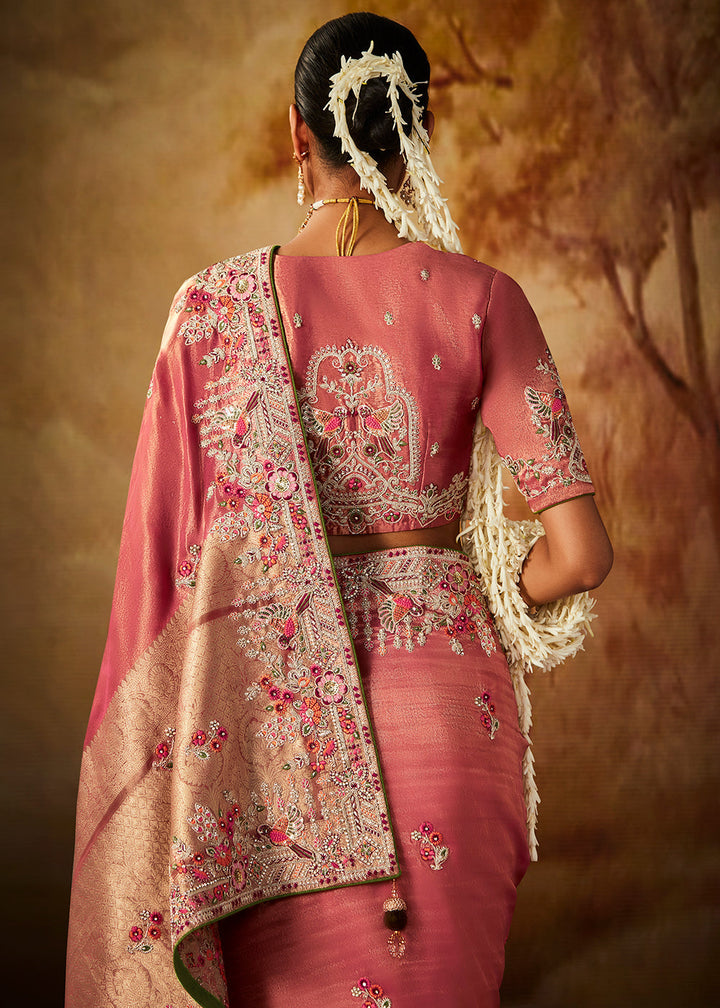 Rouge Pink Woven Banarasi Silk Saree with Sequin,Stone,Zardosi,Khatli & Pearl work - qivii