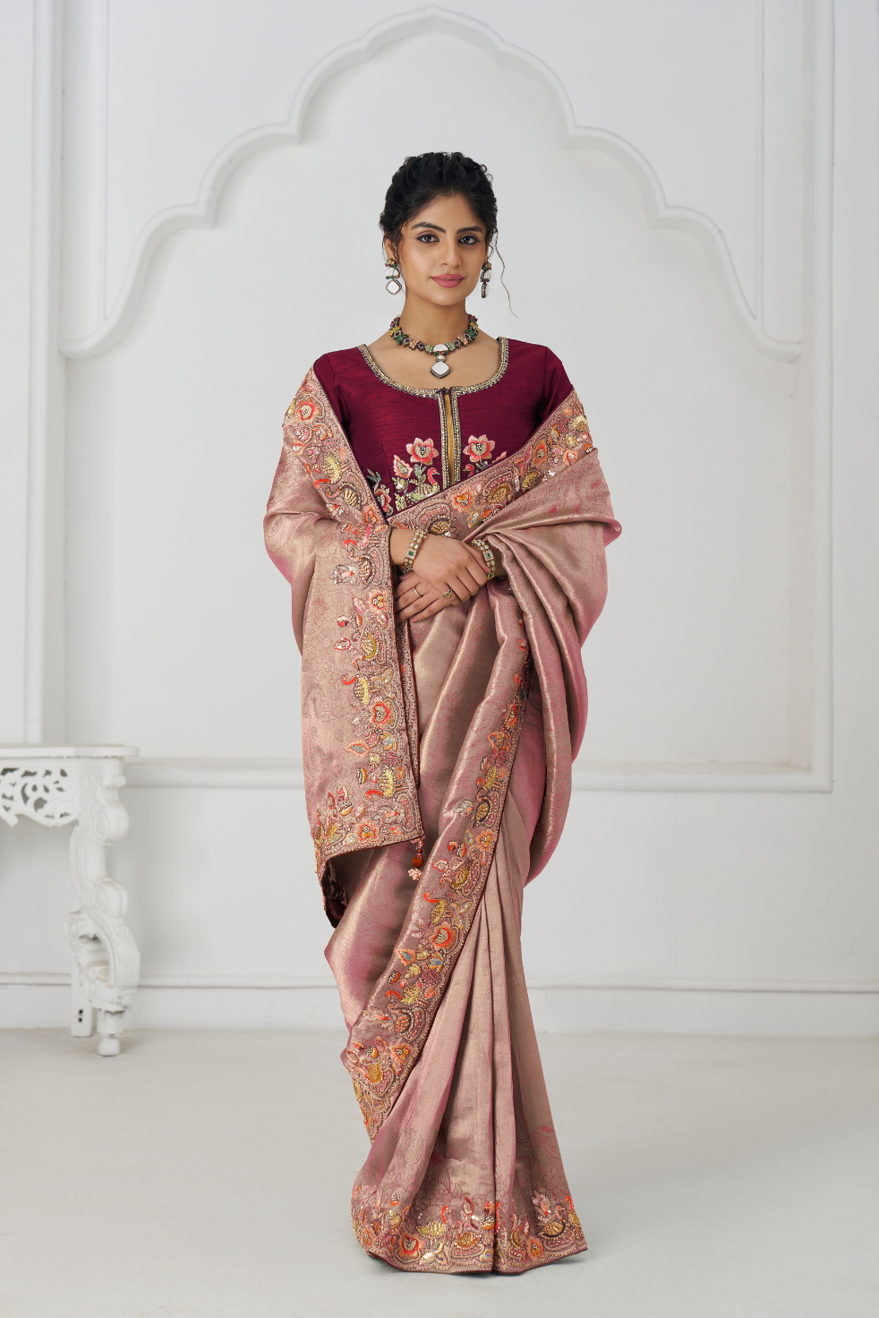 Pretty Pink Color Saree With Multi-thread And Sequins Embroidery For Wedding - qivii