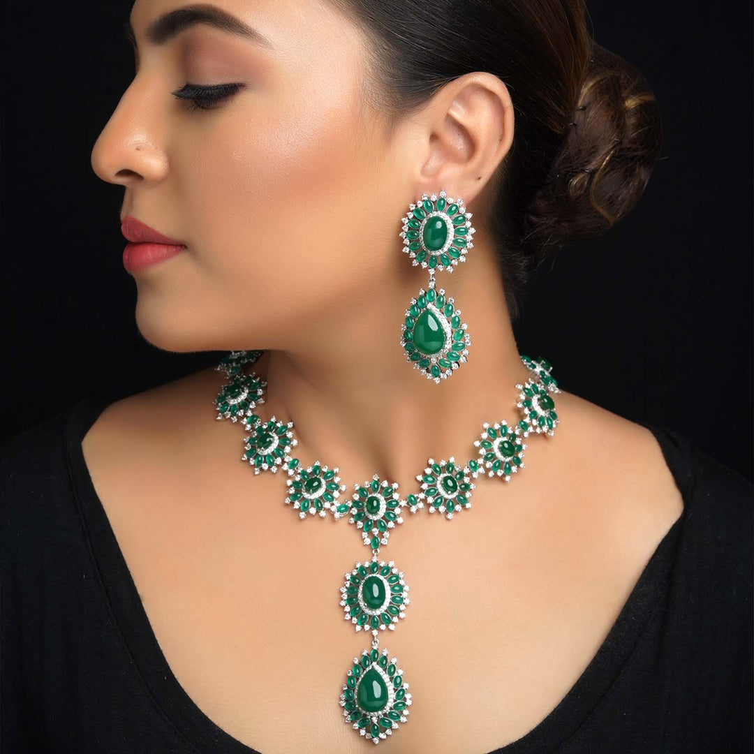 Exquisite Green Emerald And American Diamond Necklace Set With Danglers