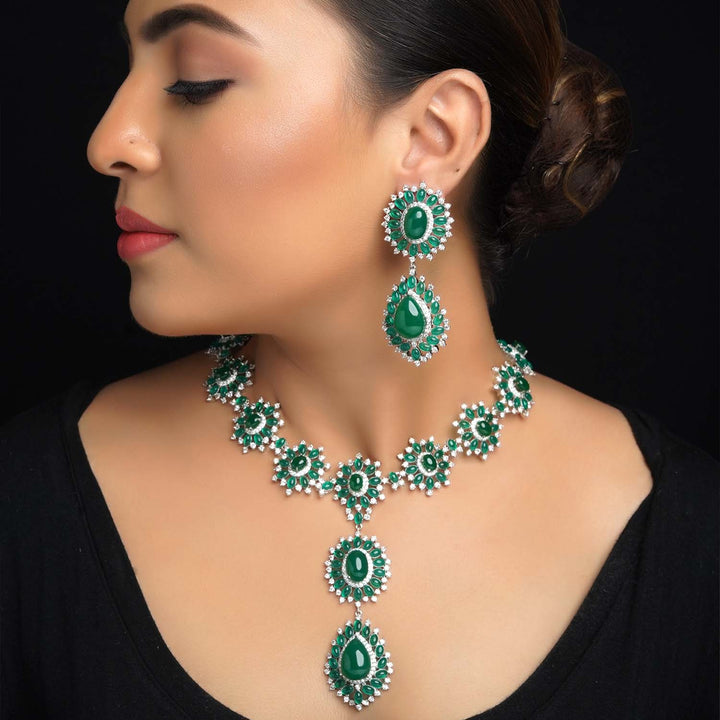 Exquisite Green Emerald And American Diamond Necklace Set With Danglers
