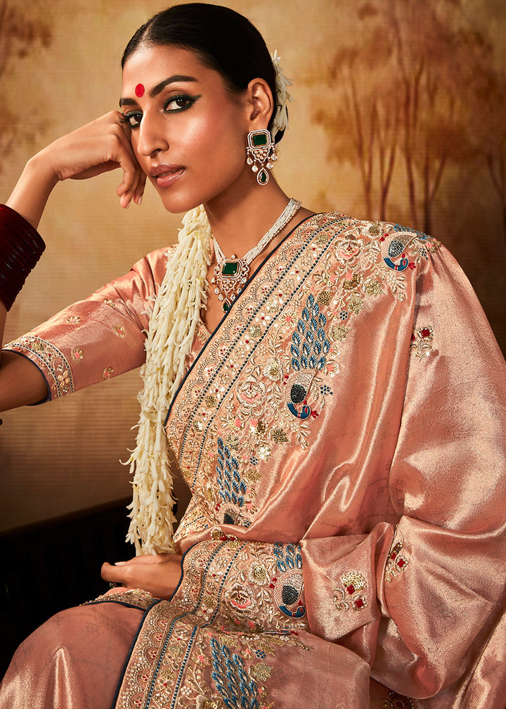 Light Peach Pink Woven Banarasi Silk Saree with Sequin,Stone,Zardosi,Khatli & Pearl work - qivii
