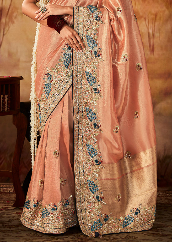 Light Peach Pink Woven Banarasi Silk Saree with Sequin,Stone,Zardosi,Khatli & Pearl work - qivii