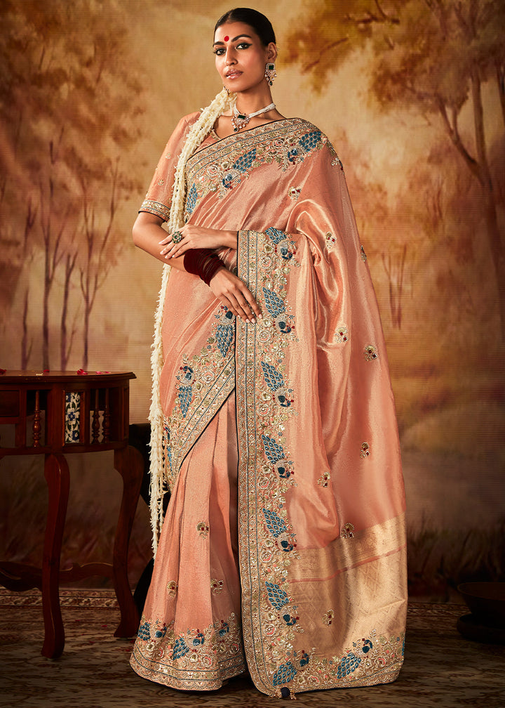 Light Peach Pink Woven Banarasi Silk Saree with Sequin,Stone,Zardosi,Khatli & Pearl work - qivii
