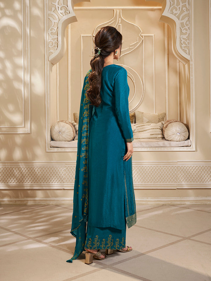 Blue Dola Silk Palazzo Suit Set with Zari and Self Weave Top - qivii