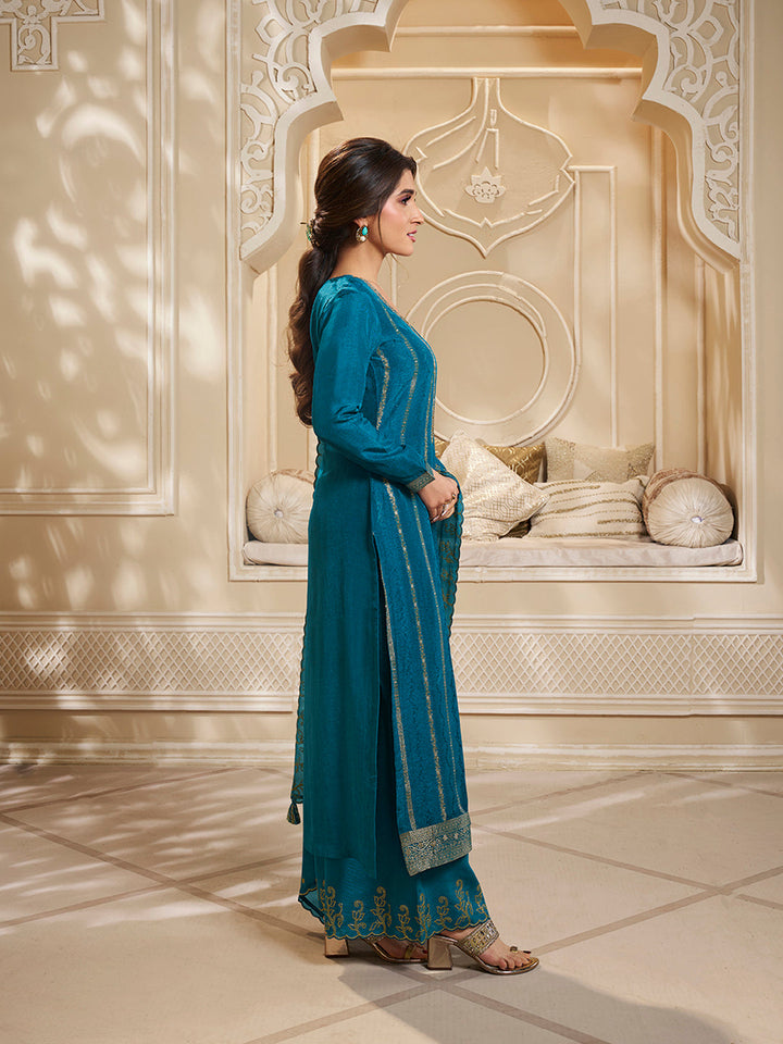 Blue Dola Silk Palazzo Suit Set with Zari and Self Weave Top - qivii