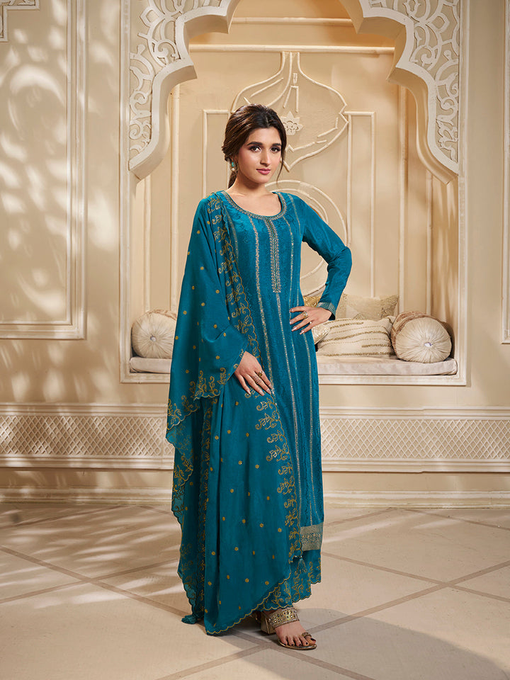 Blue Dola Silk Palazzo Suit Set with Zari and Self Weave Top - qivii