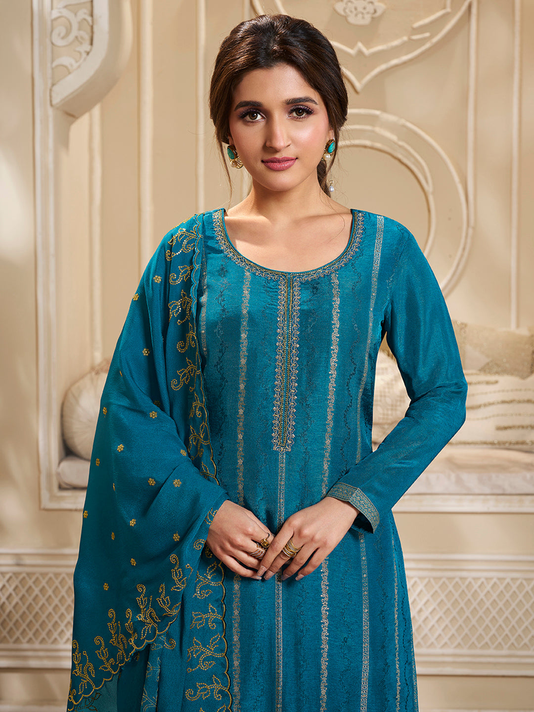Blue Dola Silk Palazzo Suit Set with Zari and Self Weave Top - qivii