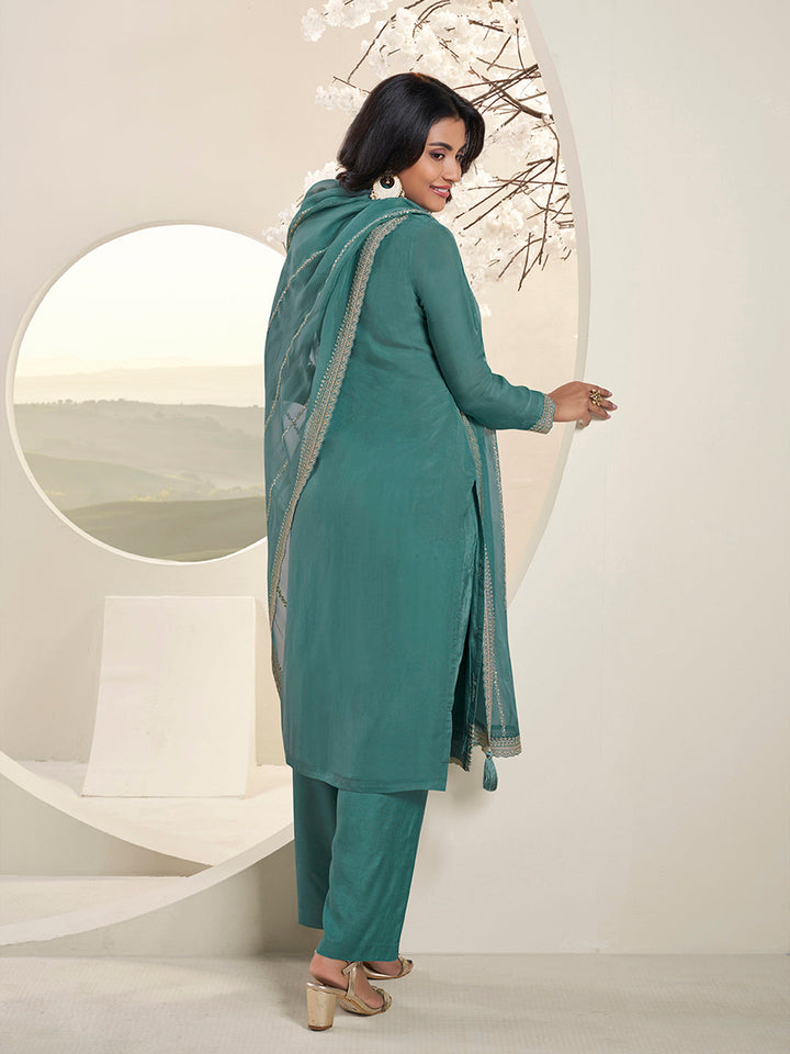 Turquoise Lucknowi Thread and Sequins Embroidery Kurta Suit Set - qivii