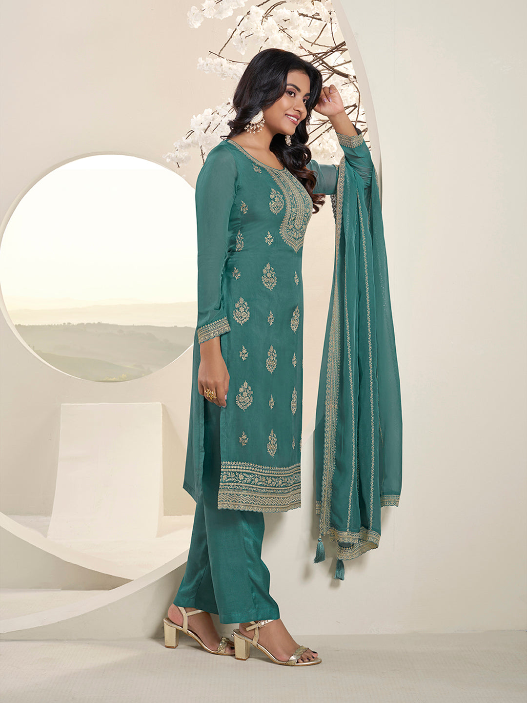 Turquoise Lucknowi Thread and Sequins Embroidery Kurta Suit Set - qivii