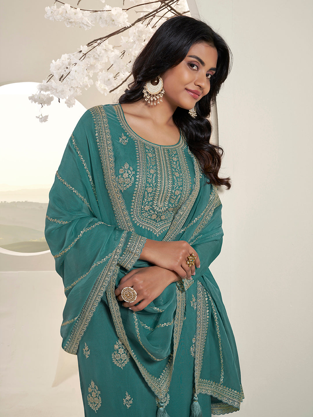Turquoise Lucknowi Thread and Sequins Embroidery Kurta Suit Set - qivii