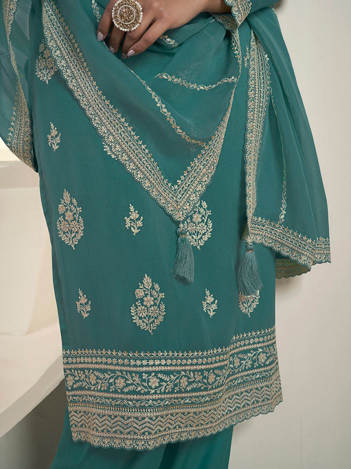 Turquoise Lucknowi Thread and Sequins Embroidery Kurta Suit Set - qivii