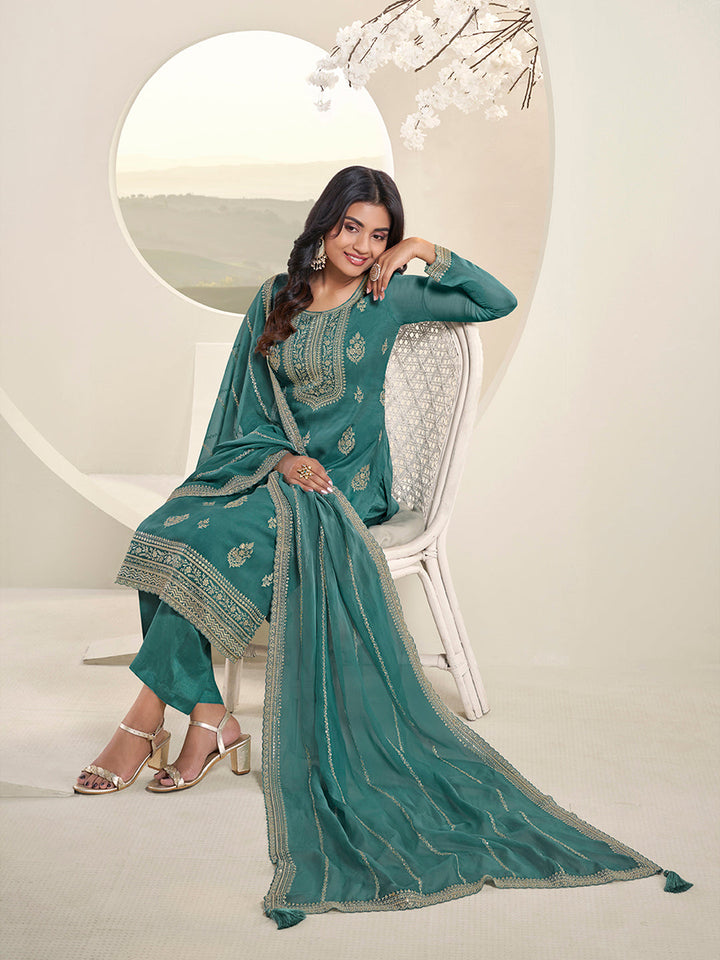 Turquoise Lucknowi Thread and Sequins Embroidery Kurta Suit Set - qivii