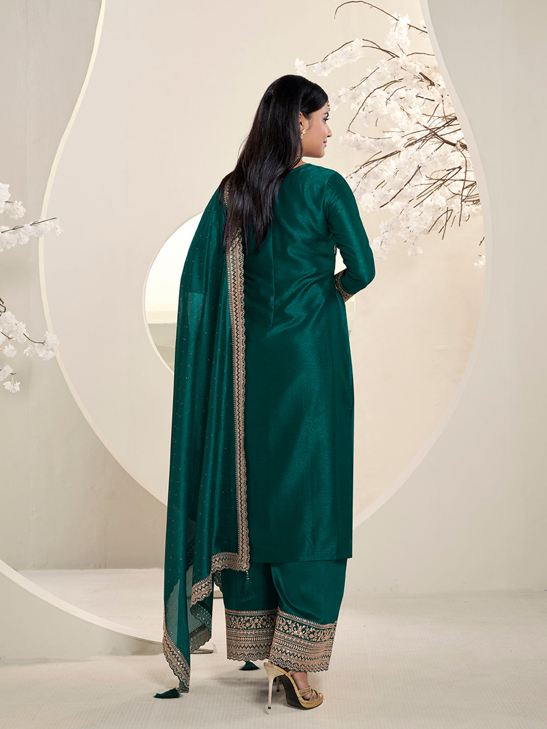 Bottle Green Designer Top Adorned with Exquisite Embroidered Palazzo Suit Set - qivii