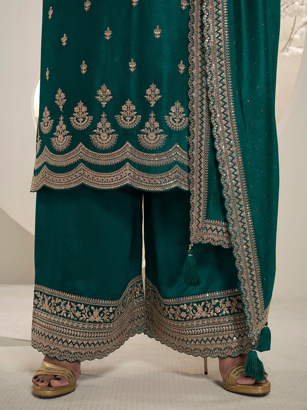 Bottle Green Designer Top Adorned with Exquisite Embroidered Palazzo Suit Set - qivii