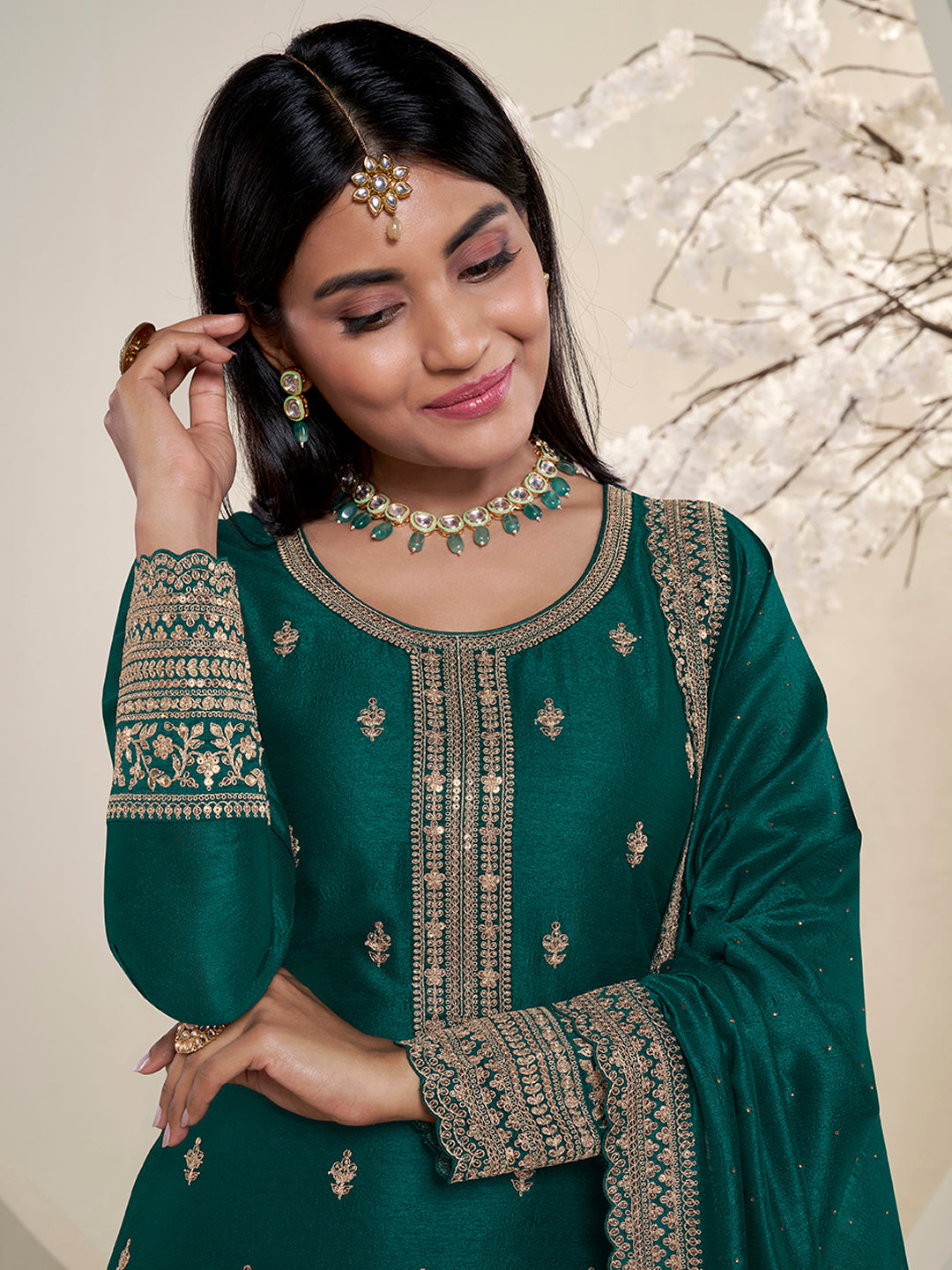 Bottle Green Designer Top Adorned with Exquisite Embroidered Palazzo Suit Set - qivii