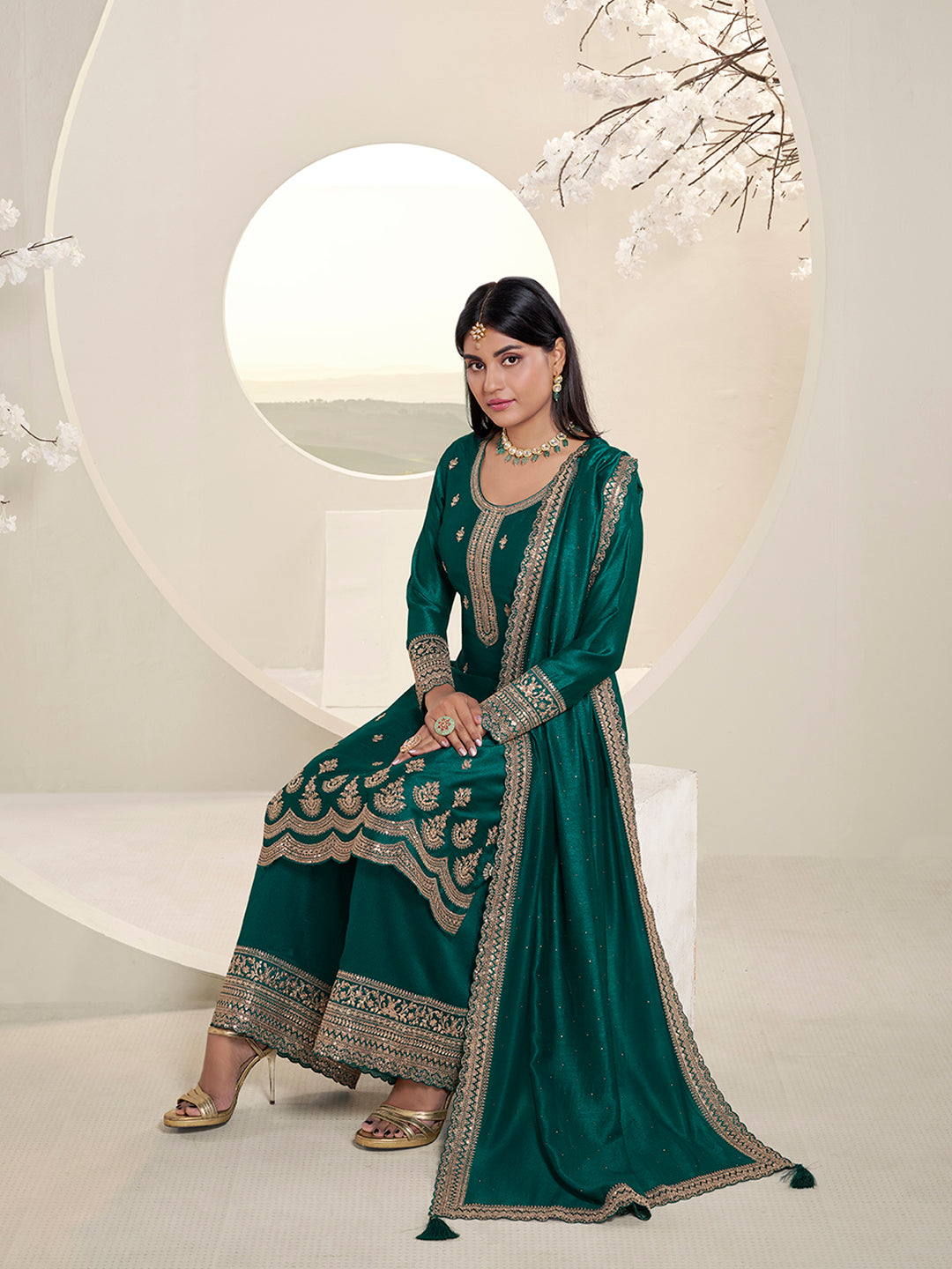 Bottle Green Designer Top Adorned with Exquisite Embroidered Palazzo Suit Set - qivii
