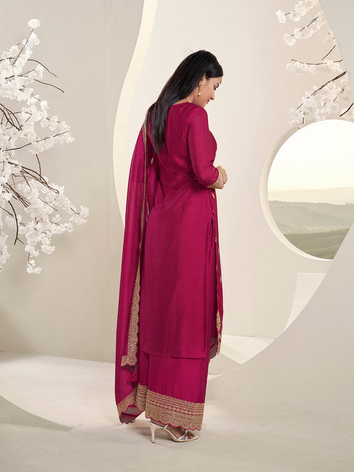 Rani Pink Designer Top Adorned with Exquisite Embroidered Palazzo Suit Set - qivii