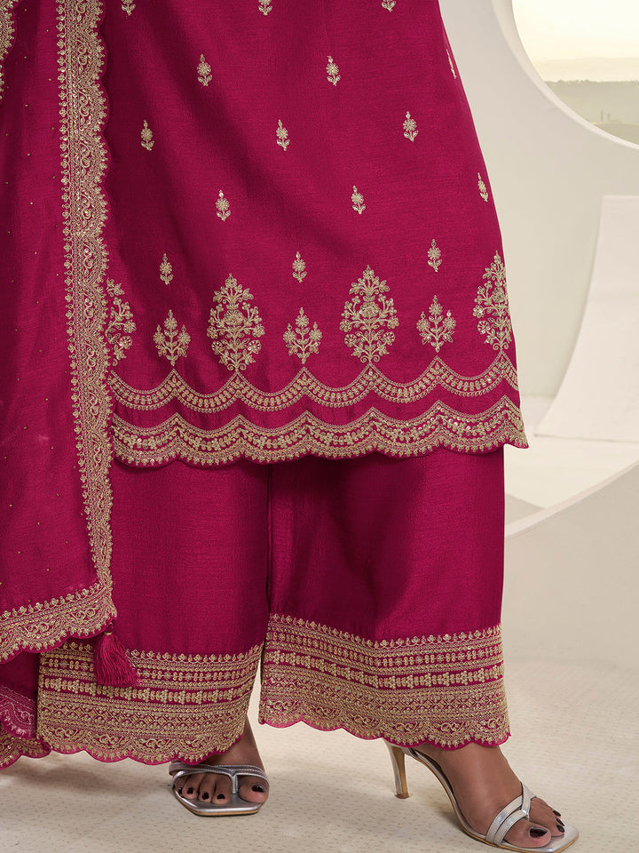 Rani Pink Designer Top Adorned with Exquisite Embroidered Palazzo Suit Set - qivii
