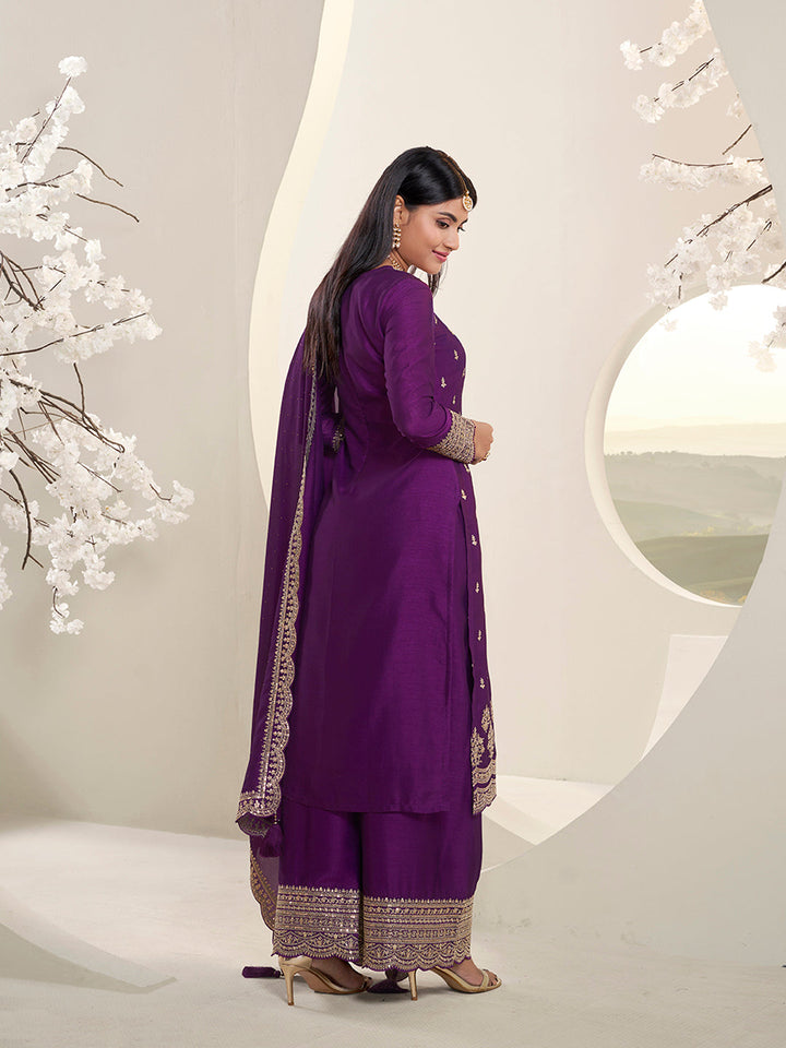Purple Designer Top Adorned with Exquisite Embroidered Palazzo Suit Set - qivii