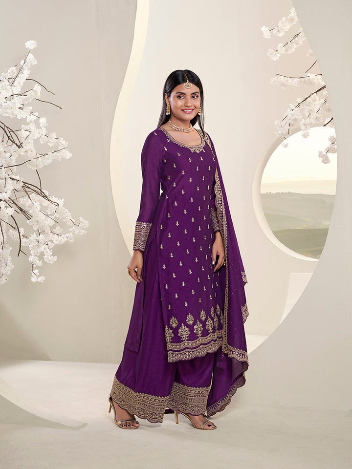 Purple Designer Top Adorned with Exquisite Embroidered Palazzo Suit Set - qivii
