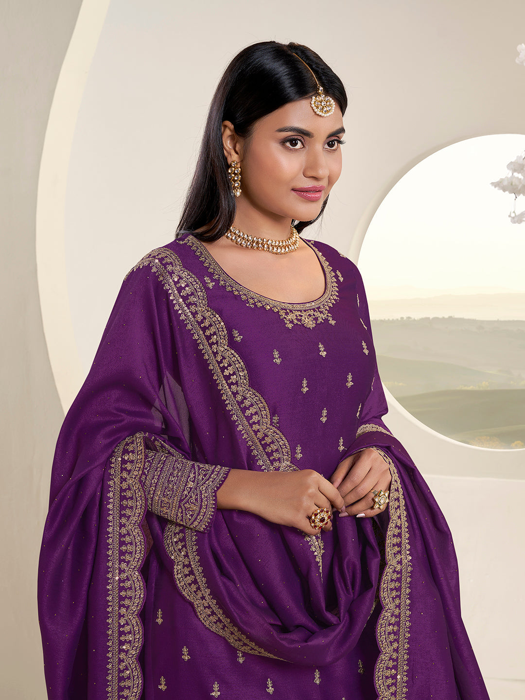 Purple Designer Top Adorned with Exquisite Embroidered Palazzo Suit Set - qivii