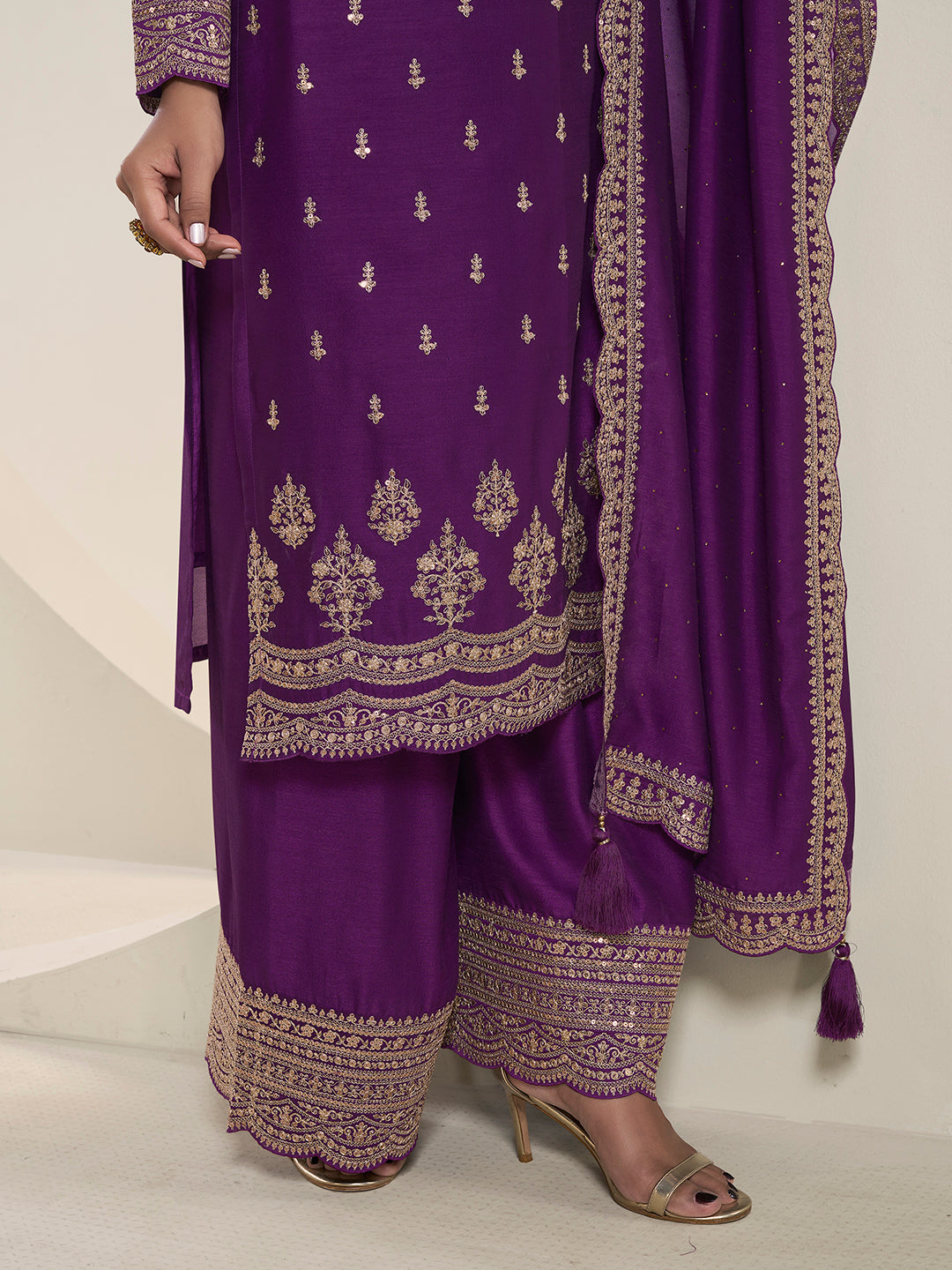 Purple Designer Top Adorned with Exquisite Embroidered Palazzo Suit Set - qivii