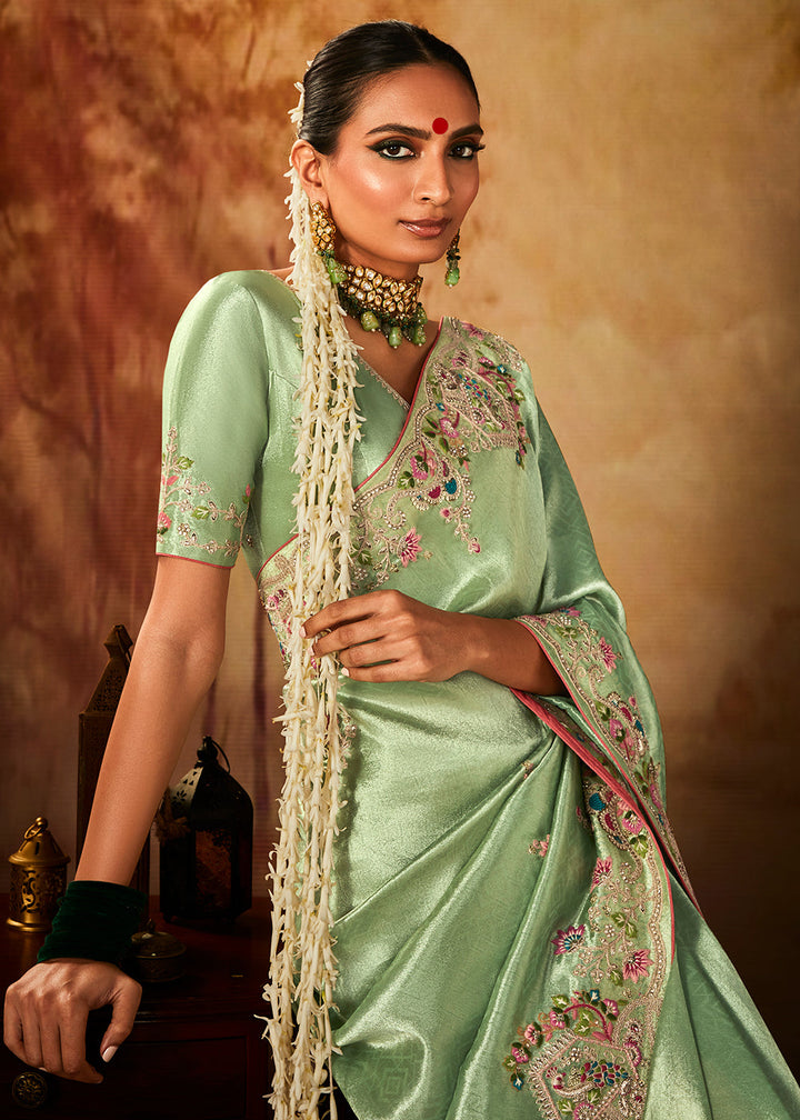 Emerald Green Woven Banarasi Silk Saree with Sequin,Stone,Zardosi,Khatli & Pearl work - qivii