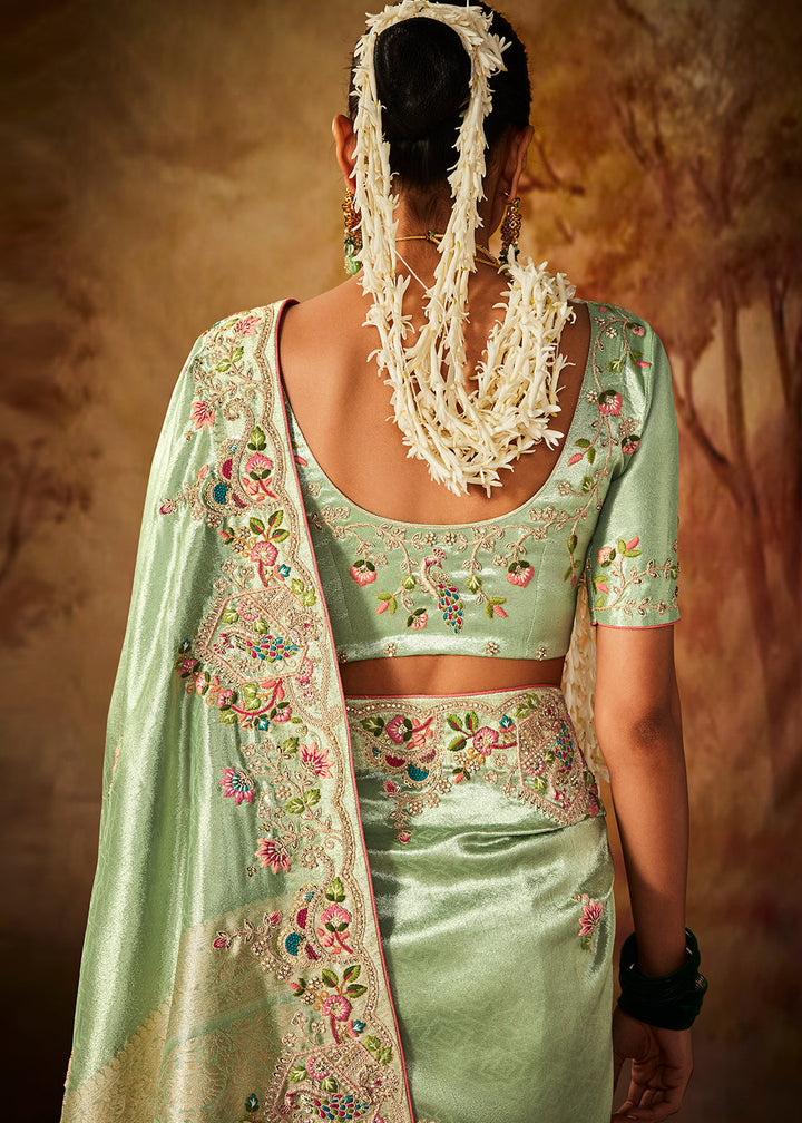 Emerald Green Woven Banarasi Silk Saree with Sequin,Stone,Zardosi,Khatli & Pearl work - qivii