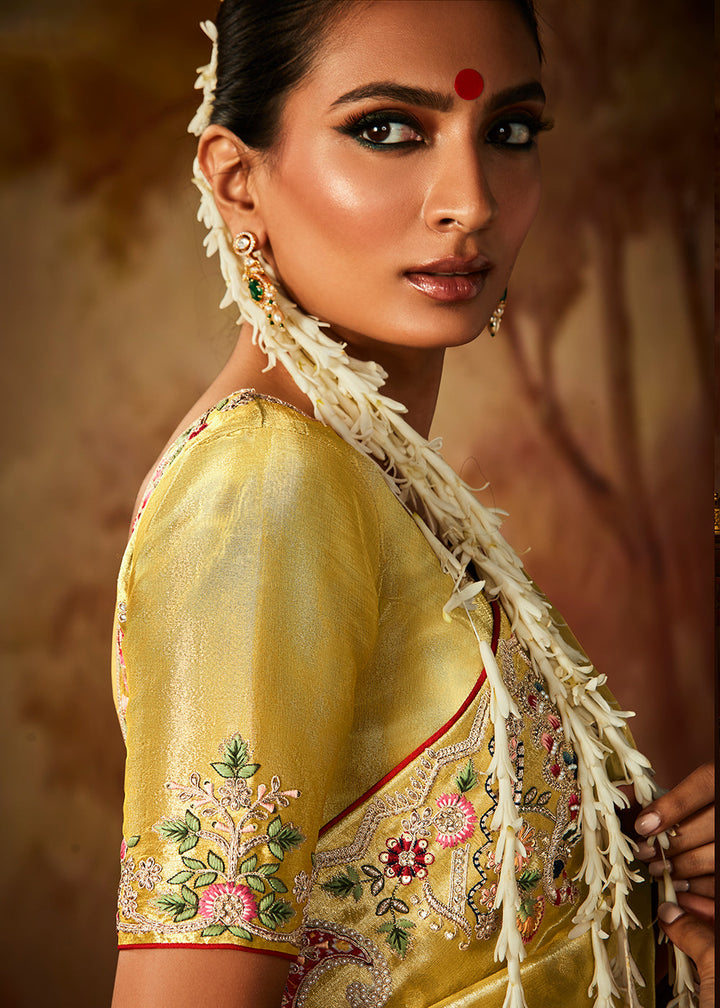 Bumblebee Yellow Woven Banarasi Silk Saree with Sequin,Stone,Zardosi,Khatli & Pearl work - qivii