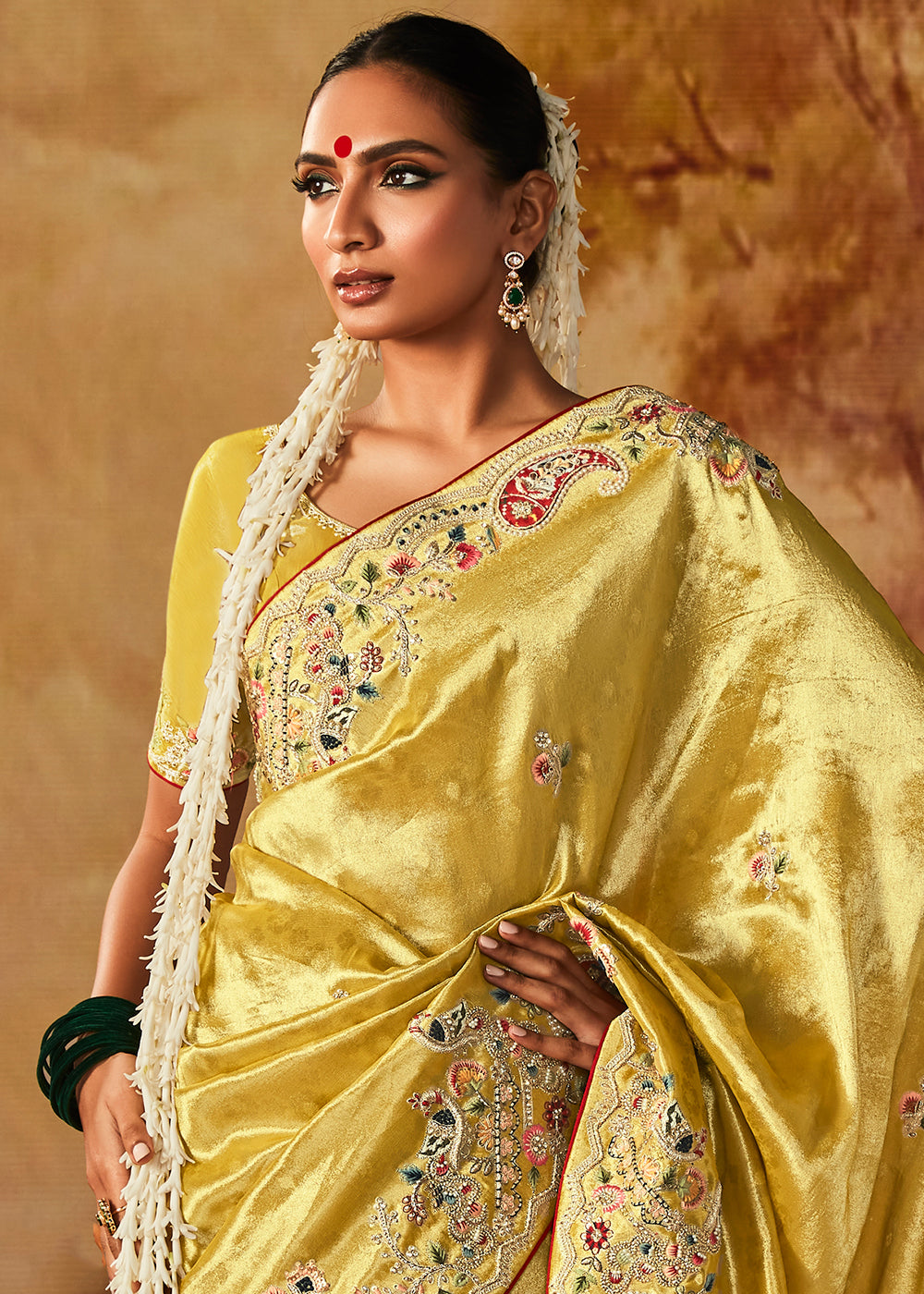 Bumblebee Yellow Woven Banarasi Silk Saree with Sequin,Stone,Zardosi,Khatli & Pearl work - qivii