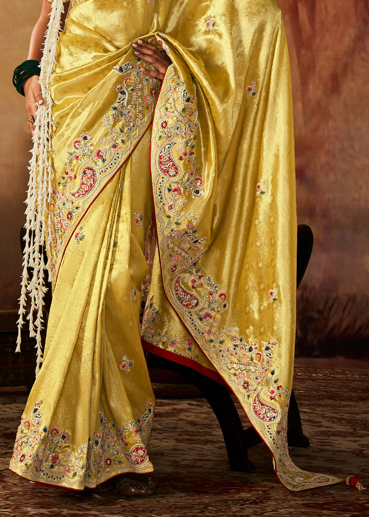 Bumblebee Yellow Woven Banarasi Silk Saree with Sequin,Stone,Zardosi,Khatli & Pearl work - qivii