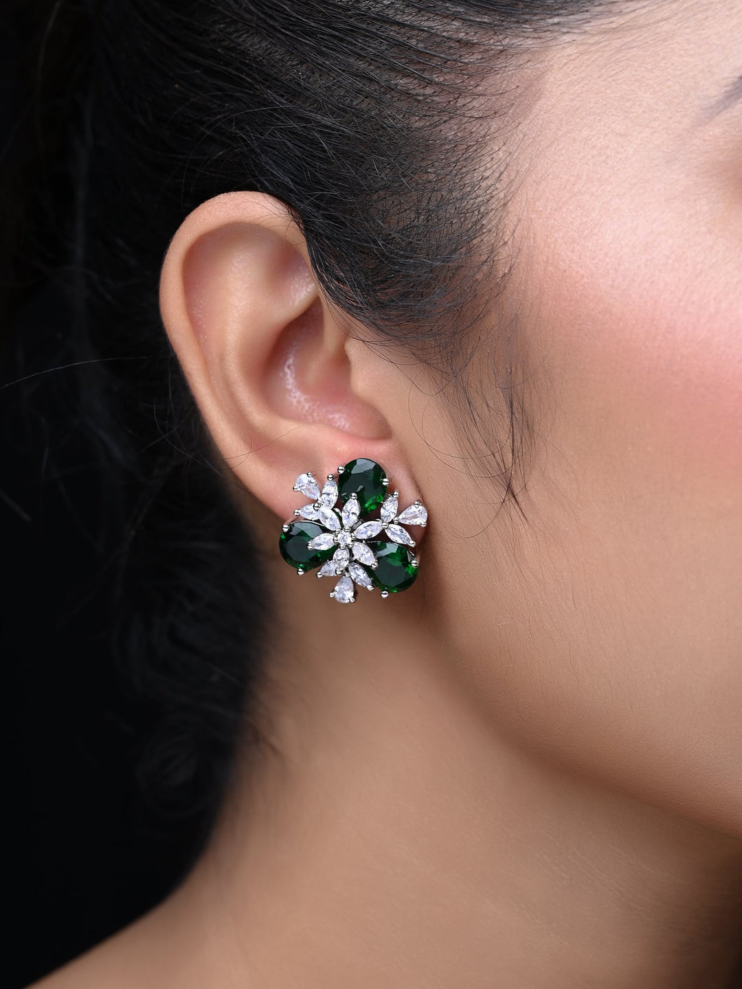 Trendy silver-plated brass metal studs with semi-precious green emerald stone