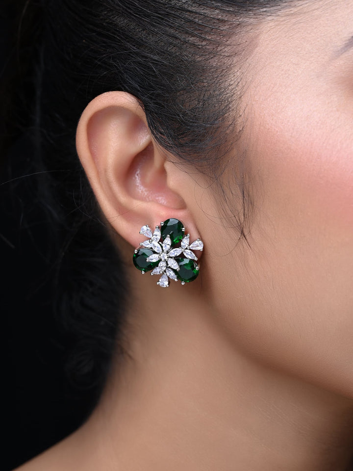 Trendy silver-plated brass metal studs with semi-precious green emerald stone