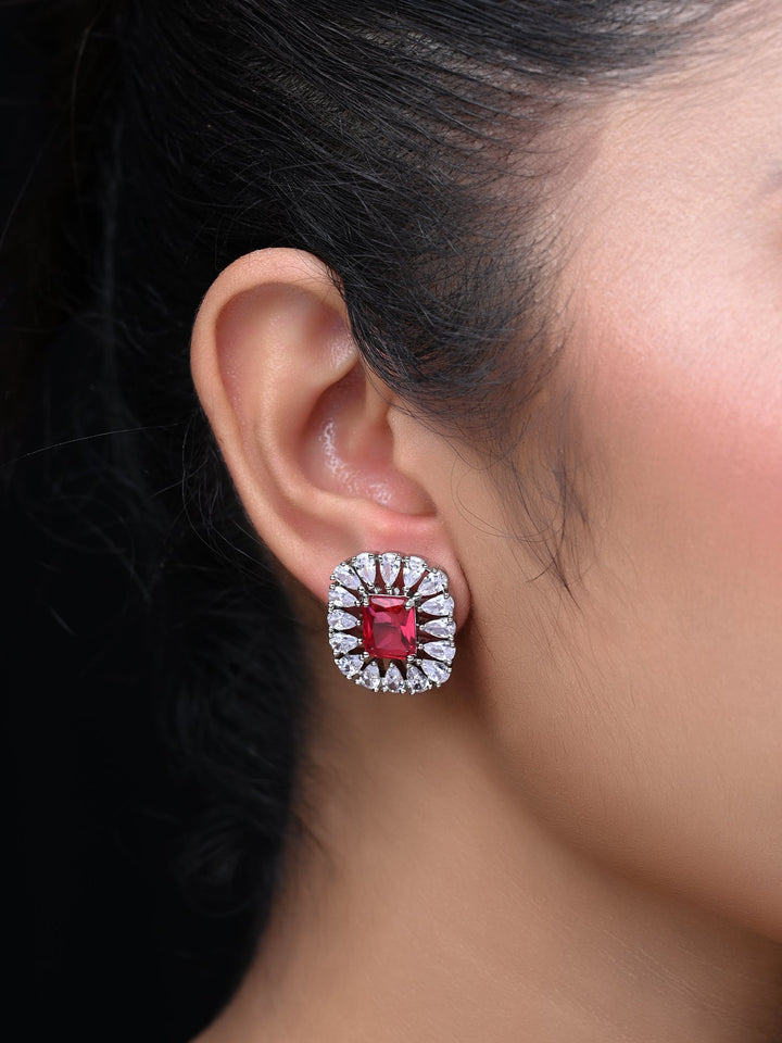  Trendy Silver Plated Brass Metal American Diamond Rose Pink Tops with Semi Precious Aqua Stone 