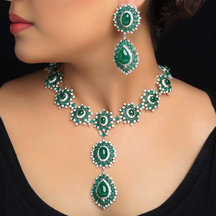 Elegant Green Emerald And American Diamond Necklace With Finger Ring