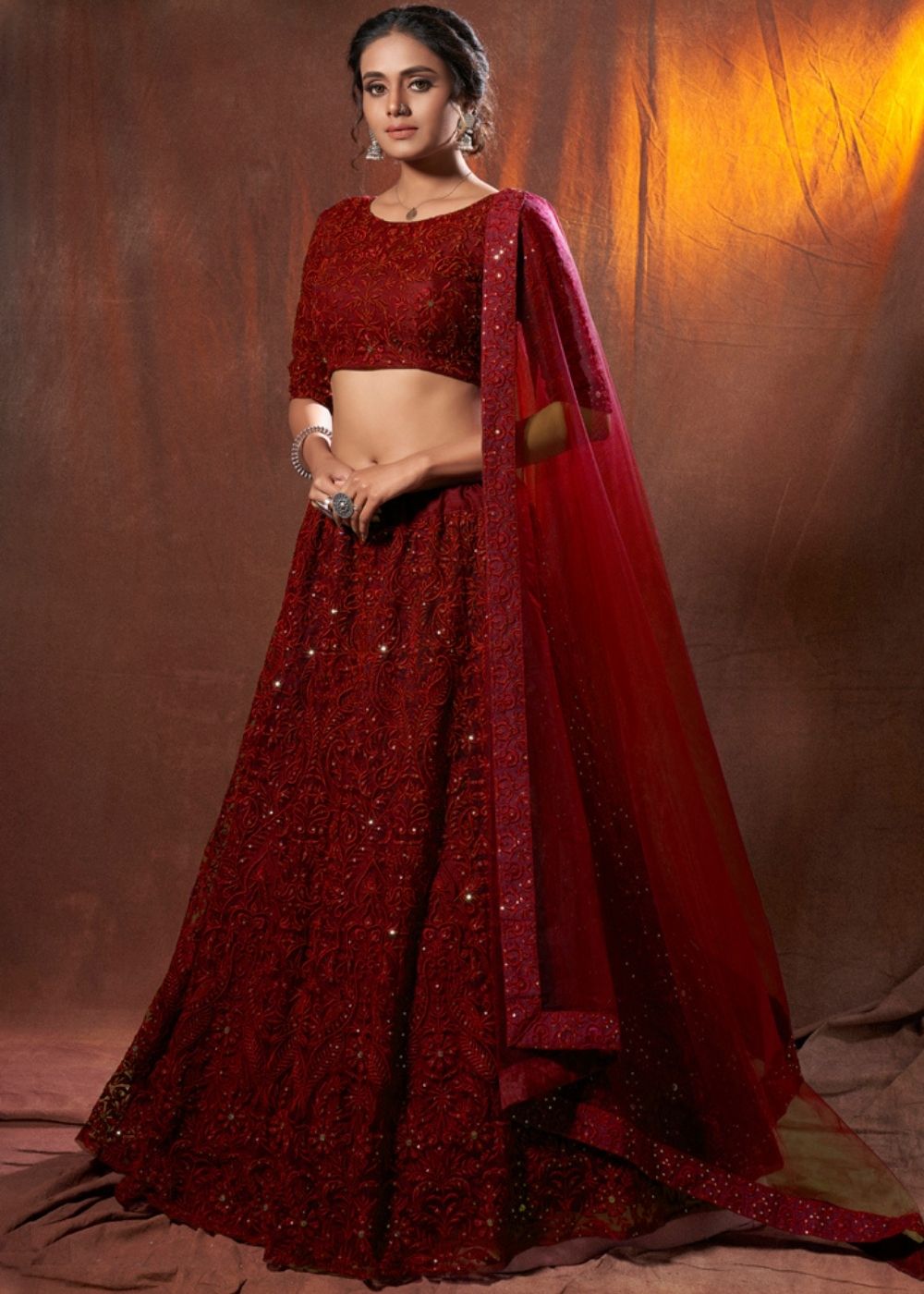 Barn Red Designer Soft Net Lehenga Choli with Thread & Sequins work | Ready To Wear - qivii