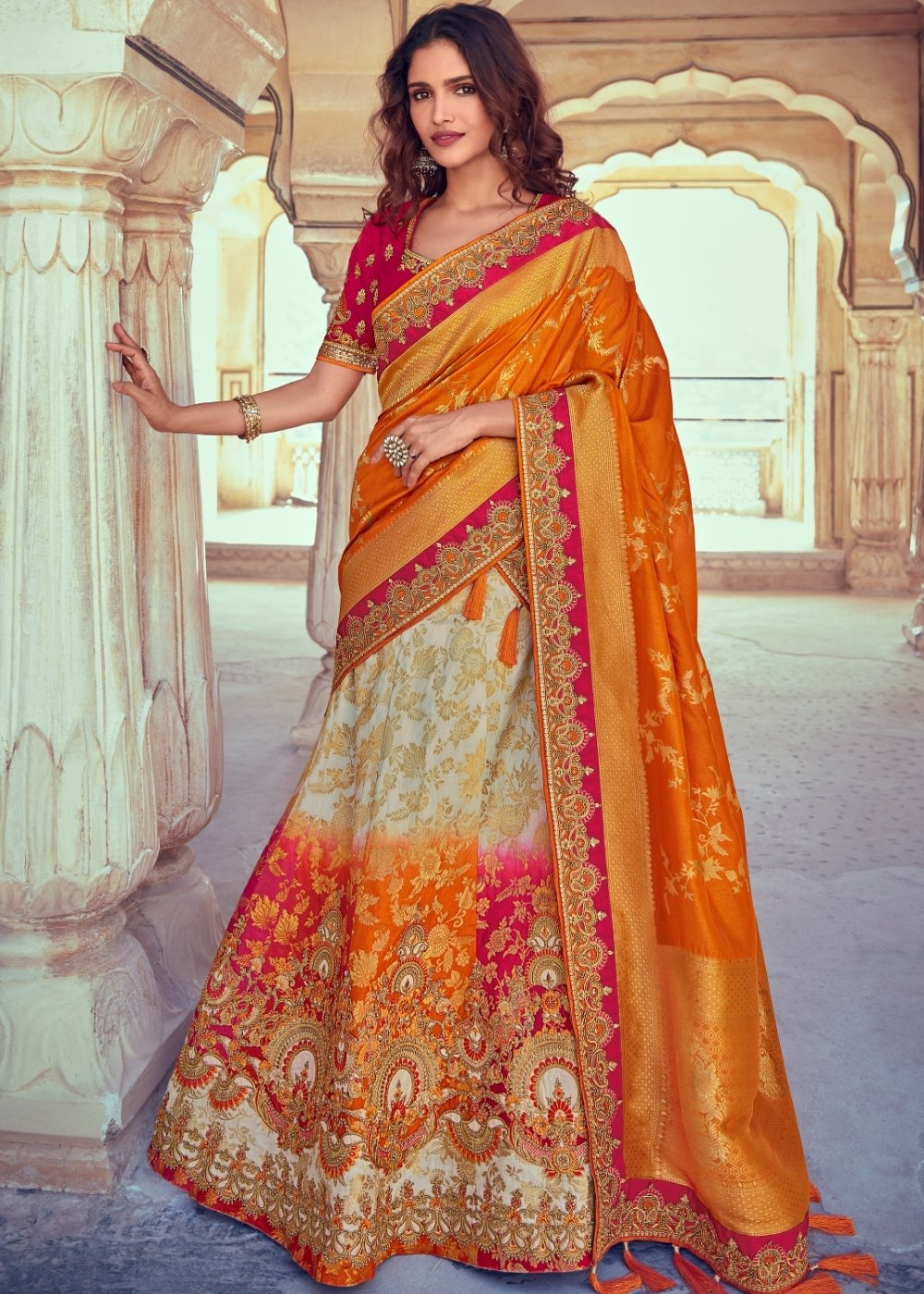 Daisy White & Orange Banarasi Silk Lehenga Choli with Khatli work Embroidery | Ready To Wear - qivii