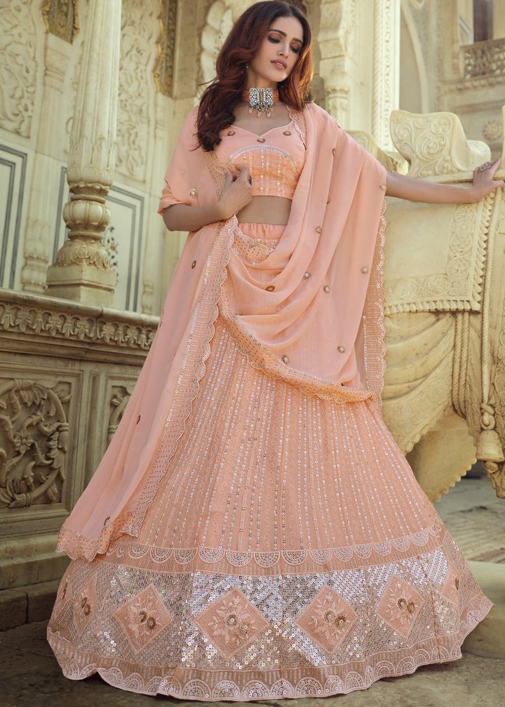 Salmon Pink Georgette Lehenga Choli with Sequins & Thread work | Ready To Wear - qivii