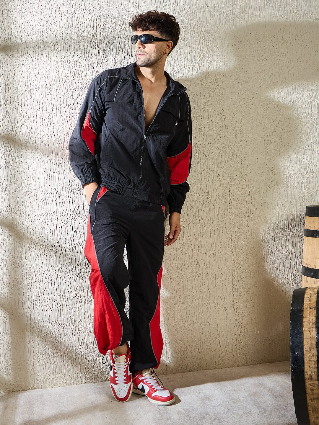 Black and Red Crinkle Windbreaker Jacket