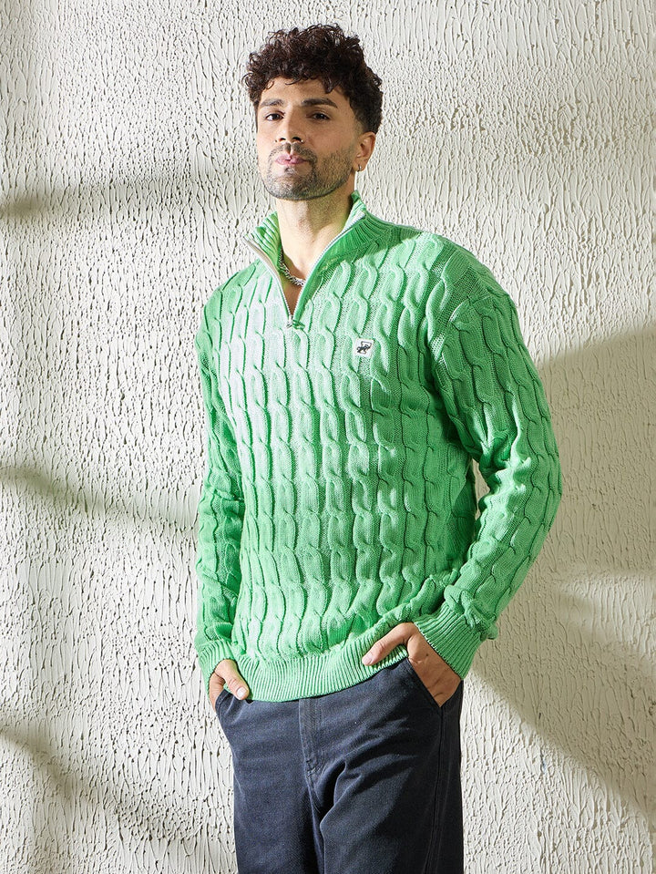 Mint Cable Knit Quarter Zip Turtleneck Sweater