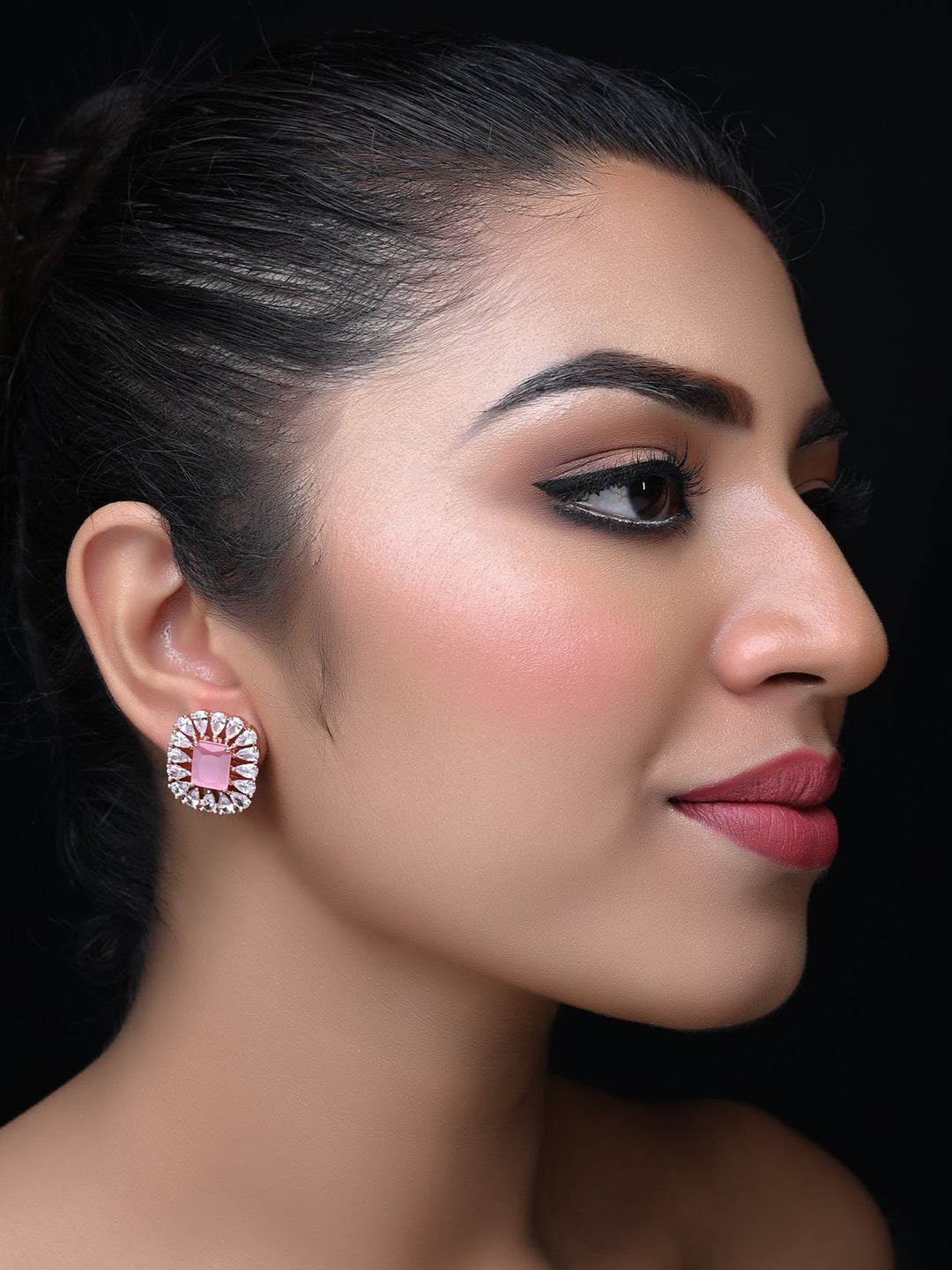 Trendy American Diamond Rose Gold Plated Tops with Semi Precious Baby Pink Aqua Stone