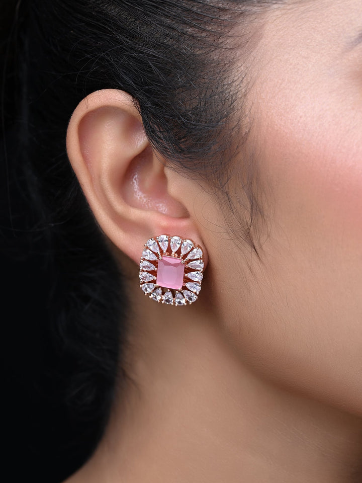 Elegant Brass Metal Rose Gold Plated American Diamond Tops with Baby Pink Stone