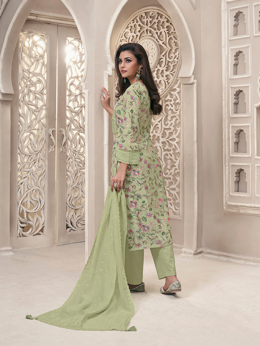 Pista Green Linen Fabric with Floral Printed and Schiffli work Kurta Suit Set - qivii