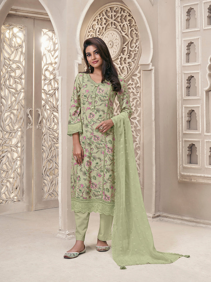 Pista Green Linen Fabric with Floral Printed and Schiffli work Kurta Suit Set - qivii